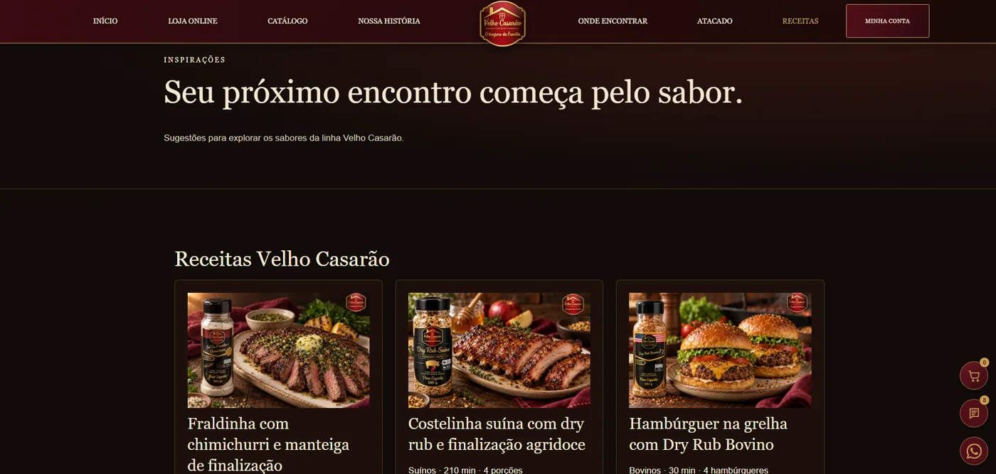 Seção de receitas do site Temperos Velho Casarão